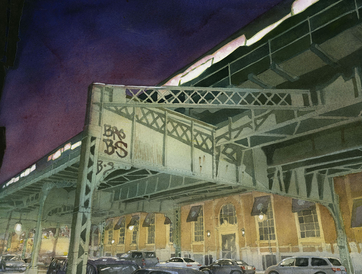 Greenpoint Terminal Warehouse, watercolor by Sven Johnson - Greenpointers