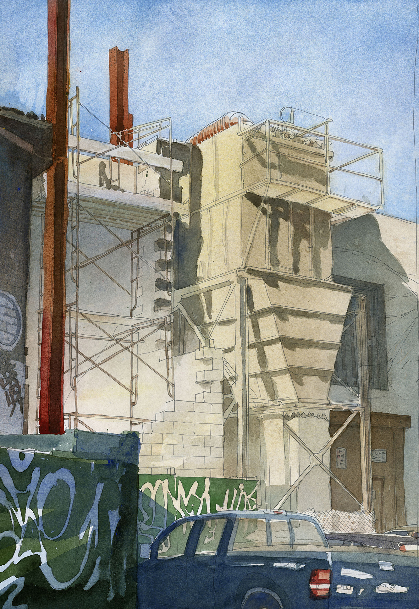 Greenpoint Terminal Warehouse, watercolor by Sven Johnson - Greenpointers